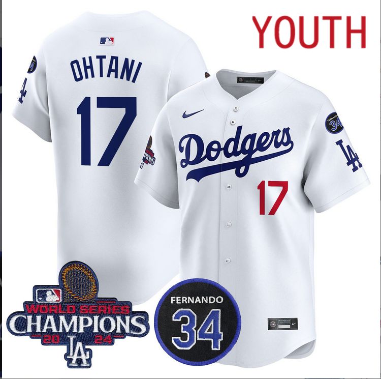 Youth MLB Los Angeles Dodgers 17 Ohtani white 2024 World Series Champions Patch Limited Jersey